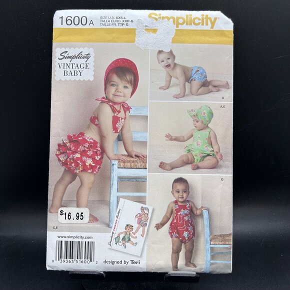 Simplicity 1600 “Romper, Bikini, Panties & Bonnet” (XXS-L) Sewing Pattern - Picture 1 of 5